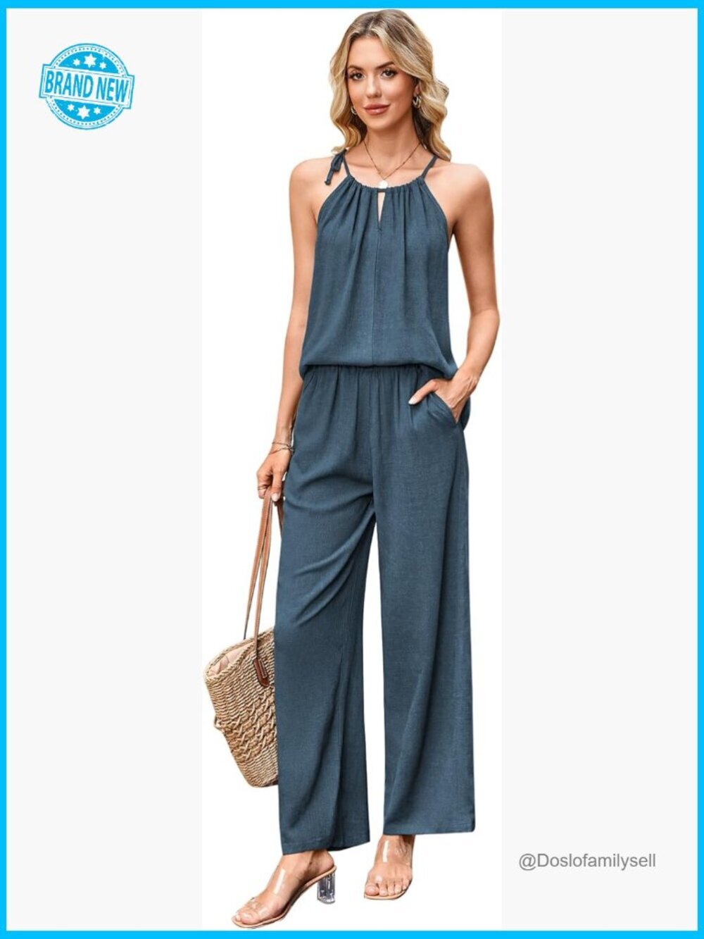 Summer 2 Piece Linen Blend Halter Top Wide Leg Pants Matching Set Vacation